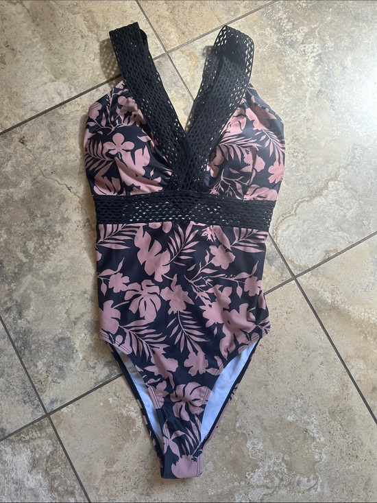Other - Black & Pink mauve Floral One-Piece Swimsuit with Crochet Detail